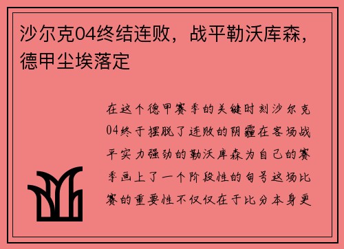 沙尔克04终结连败，战平勒沃库森，德甲尘埃落定