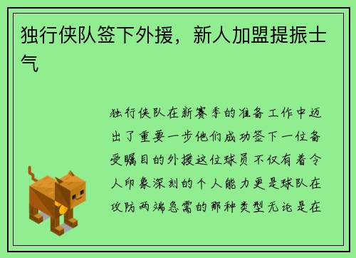 独行侠队签下外援，新人加盟提振士气
