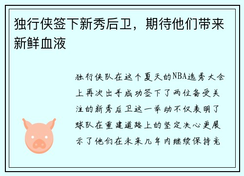 独行侠签下新秀后卫，期待他们带来新鲜血液
