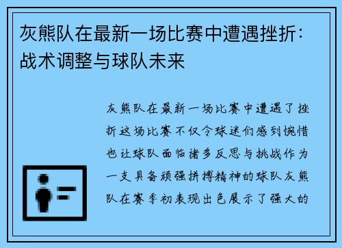 灰熊队在最新一场比赛中遭遇挫折：战术调整与球队未来
