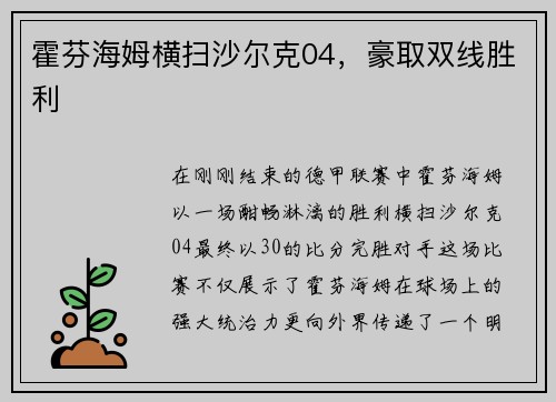 霍芬海姆横扫沙尔克04，豪取双线胜利